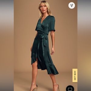 Lulu’s Wrapped Up In Love Dark Green Satin Faux-Wrap Midi Dress